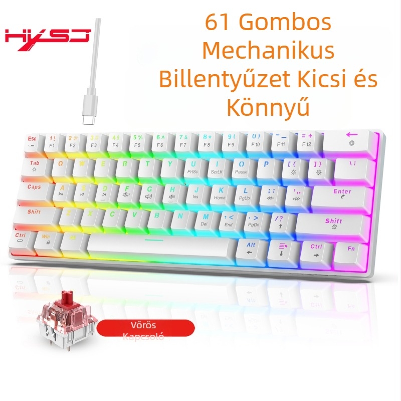 61 billentyűs vezetékes mechanikus billentyűzet RGB háttérvilágítással, vörös lineáris kapcsolókkal, ABS műanyagból
