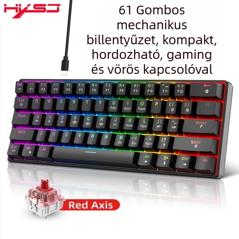 61 billentyűs vezetékes mechanikus billentyűzet RGB háttérvilágítással, vörös lineáris kapcsolókkal, ABS műanyagból