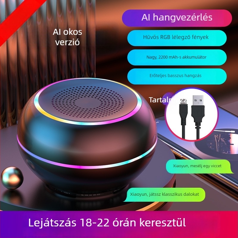 AI okos vezeték nélküli Bluetooth mini hangszóró subwooferrel, hordozható alumniumötvözet ház, beépített akkumulátor, microSD kártya foglalat, kihangosító funkció