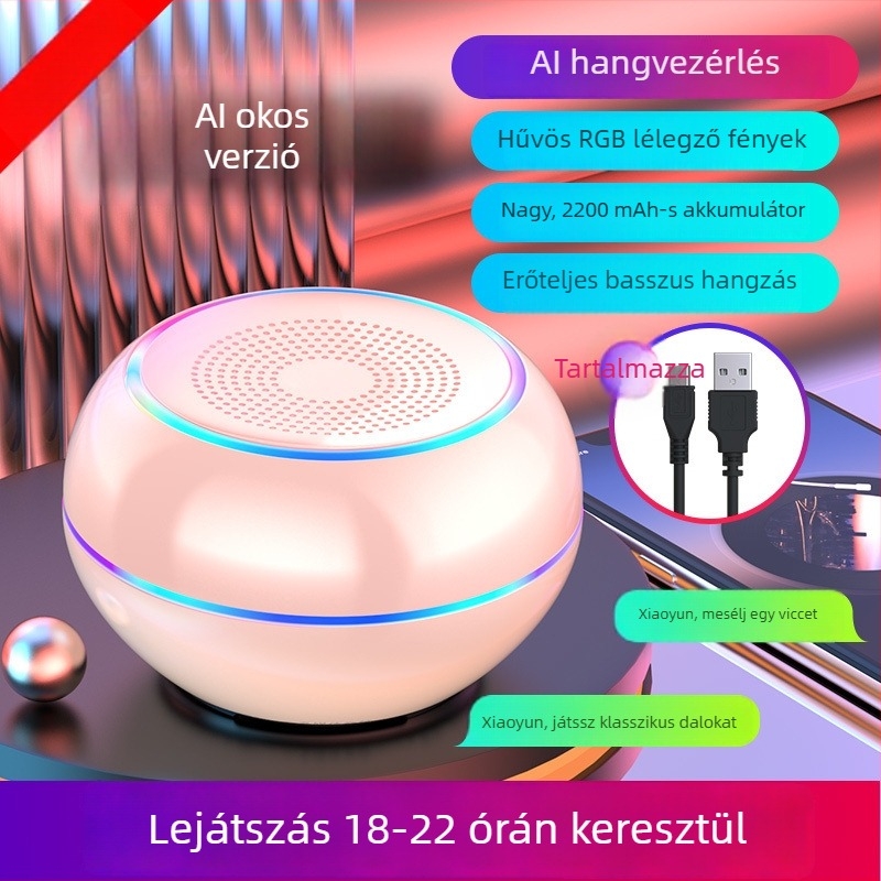 AI okos vezeték nélküli Bluetooth mini hangszóró subwooferrel, hordozható alumniumötvözet ház, beépített akkumulátor, microSD kártya foglalat, kihangosító funkció