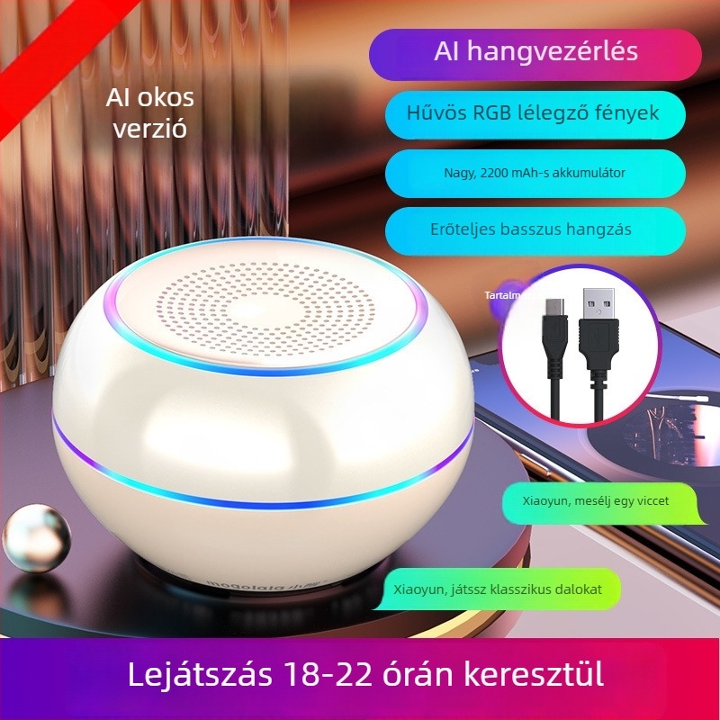 AI okos vezeték nélküli Bluetooth mini hangszóró subwooferrel, hordozható alumniumötvözet ház, beépített akkumulátor, microSD kártya foglalat, kihangosító funkció