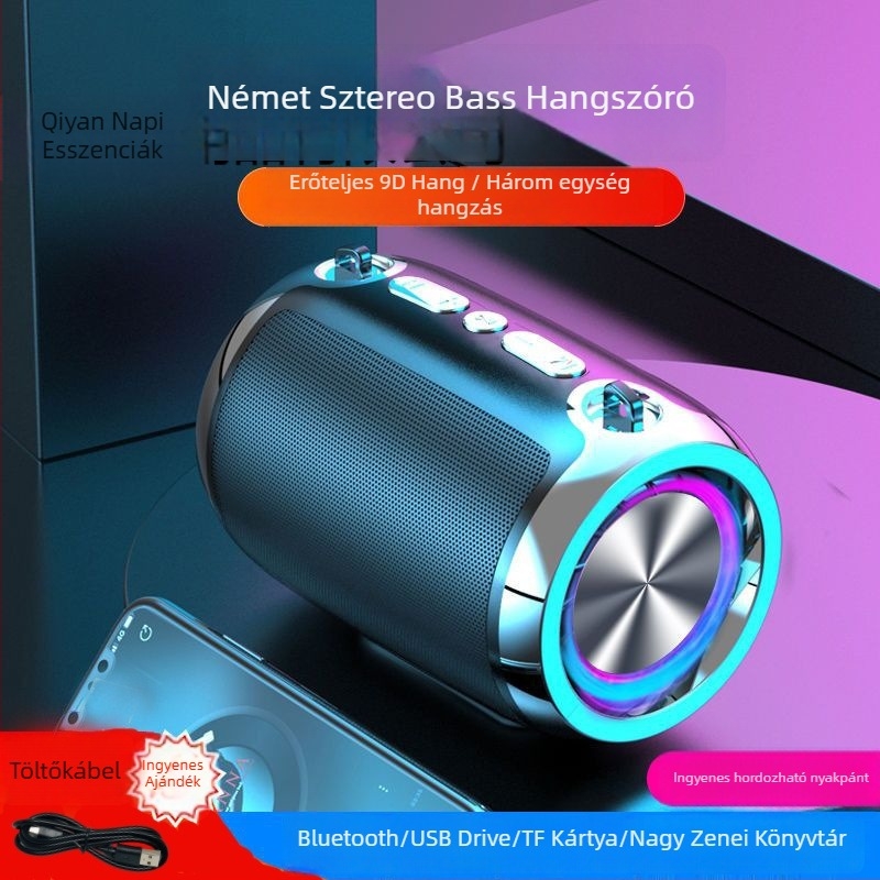 Vezeték nélküli Bluetooth hangszóró beépített mélynyomóval – hordozható otthonra és szabadtérre, alumínium ötvözet burkolat, 40 Hz–20 kHz, SNR ≥100 dB, IPX4, 1200–2000 mAh akkumulátor, USB/SD-kártya/Bluetooth