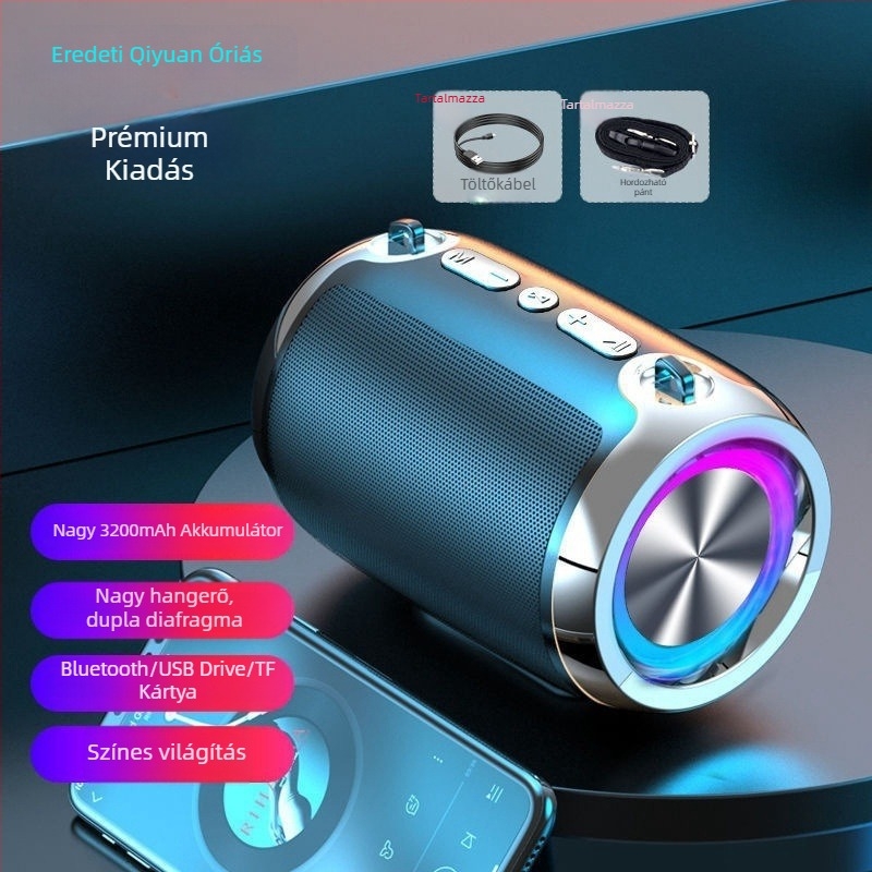 Vezeték nélküli Bluetooth hangszóró beépített mélynyomóval – hordozható otthonra és szabadtérre, alumínium ötvözet burkolat, 40 Hz–20 kHz, SNR ≥100 dB, IPX4, 1200–2000 mAh akkumulátor, USB/SD-kártya/Bluetooth