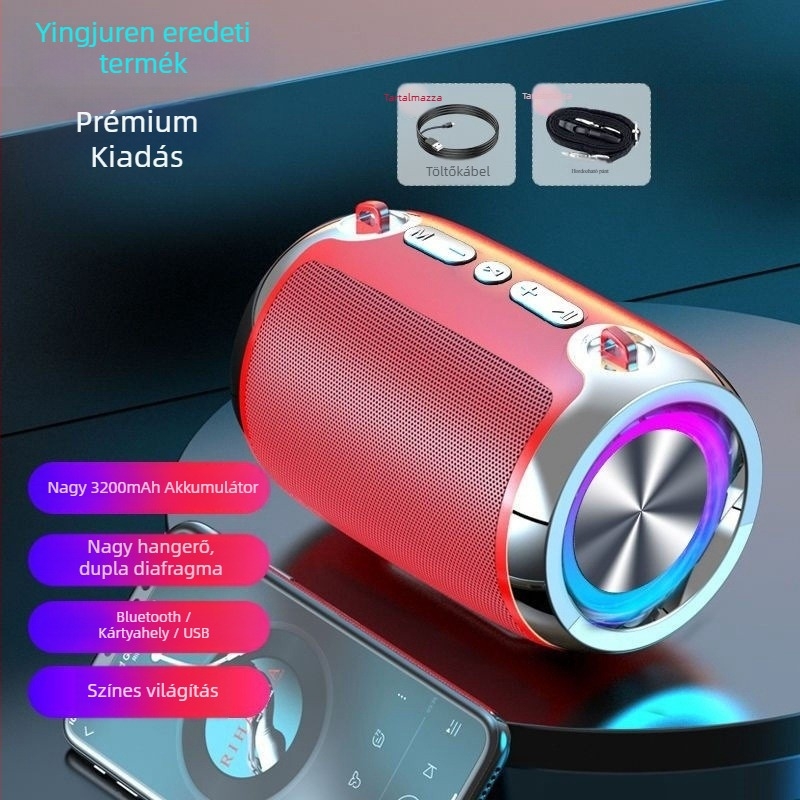 Vezeték nélküli Bluetooth hangszóró beépített mélynyomóval – hordozható otthonra és szabadtérre, alumínium ötvözet burkolat, 40 Hz–20 kHz, SNR ≥100 dB, IPX4, 1200–2000 mAh akkumulátor, USB/SD-kártya/Bluetooth
