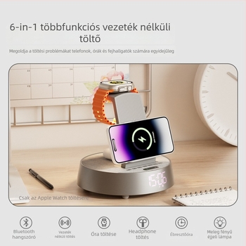 Bluetooth hangszóró 6-in-1 vezeték nélküli töltőállvánnyal, ébresztőóra, hordozható asztali mélynyomó, IPX6, két 15W HiFi hangszóró, beépített akkumulátor 2000–4000 mAh