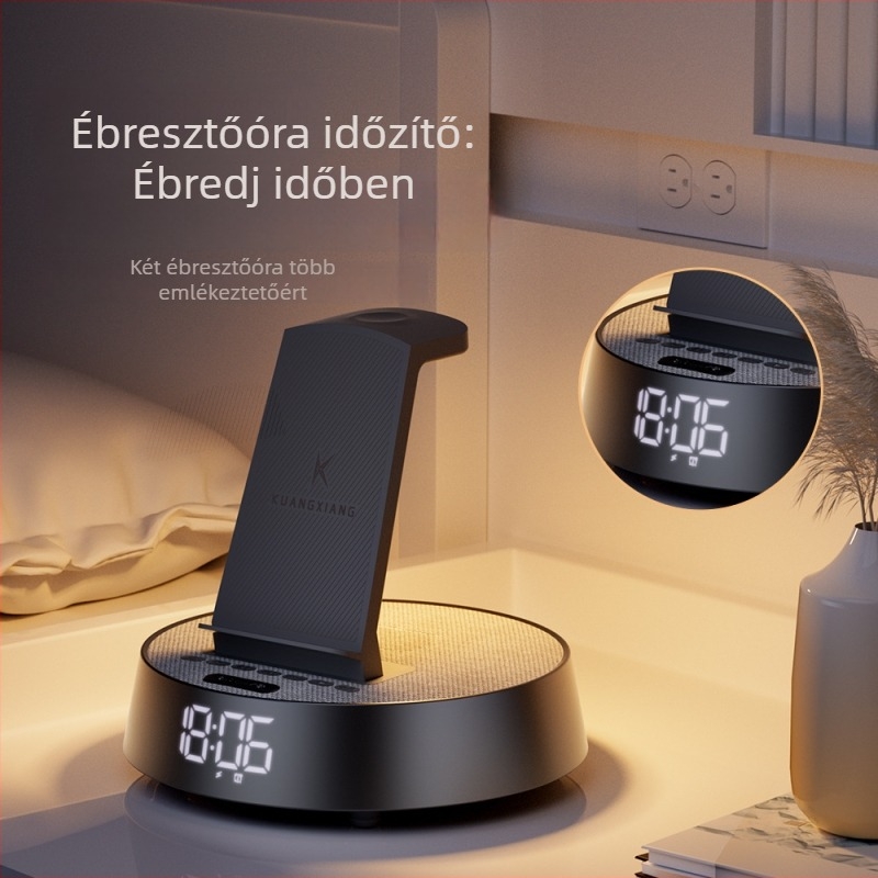 Bluetooth hangszóró 6-in-1 vezeték nélküli töltőállvánnyal, ébresztőóra, hordozható asztali mélynyomó, IPX6, két 15W HiFi hangszóró, beépített akkumulátor 2000–4000 mAh