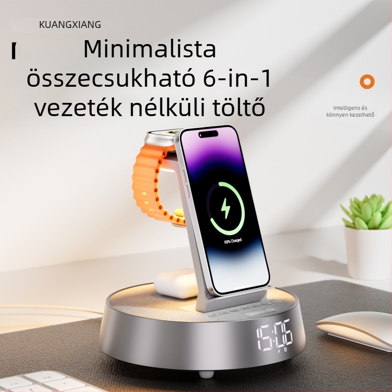 Bluetooth hangszóró 6-in-1 vezeték nélküli töltőállvánnyal, ébresztőóra, hordozható asztali mélynyomó, IPX6, két 15W HiFi hangszóró, beépített akkumulátor 2000–4000 mAh