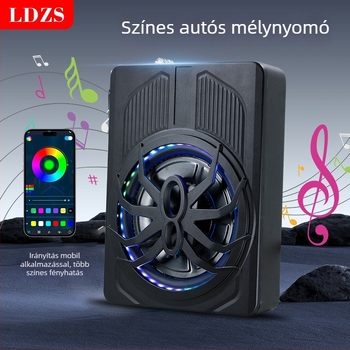 LED világítással ellátott aktív autóalnyomó, ultra vékony kialakítás; maximális teljesítmény 800W, impedancia 2,6 Ω, frekvenciasáv 20 Hz–150 Hz, érzékenység >90 dB, THD <0,4%