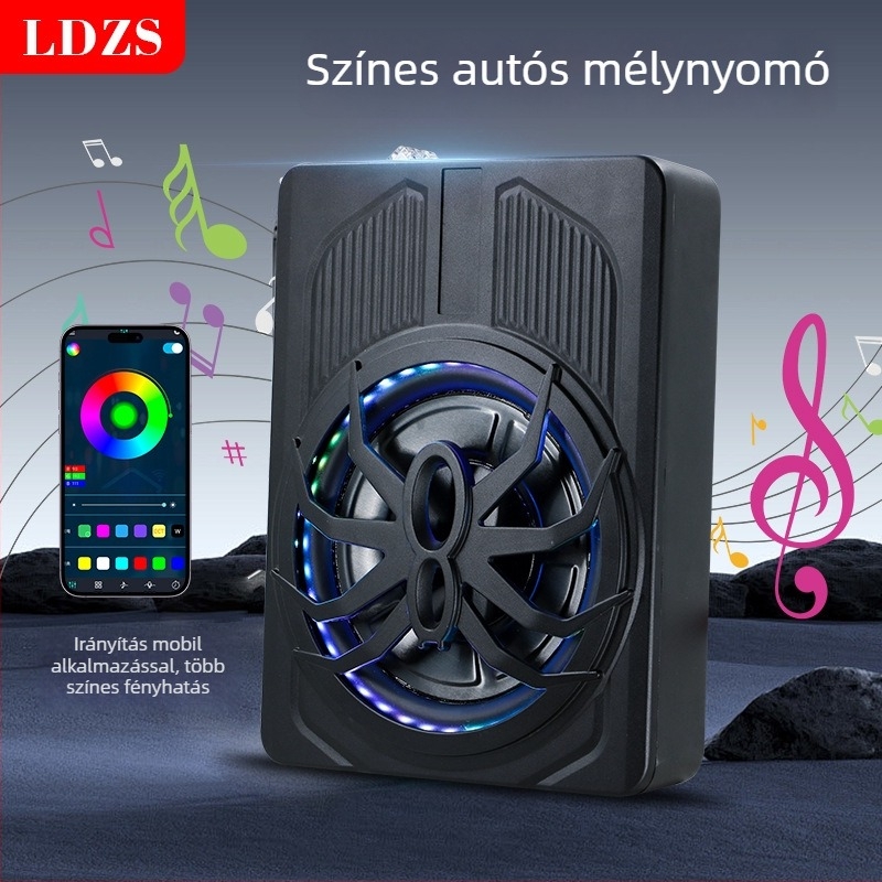 LED világítással ellátott aktív autóalnyomó, ultra vékony kialakítás; maximális teljesítmény 800W, impedancia 2,6 Ω, frekvenciasáv 20 Hz–150 Hz, érzékenység >90 dB, THD <0,4%