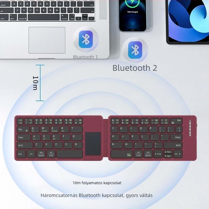 Bluetooth billentyűzet, akár 87 billentyűvel, Bluetooth-kapcsolat, USB interfész, ollós kapcsoló, támogatja 3 eszközt