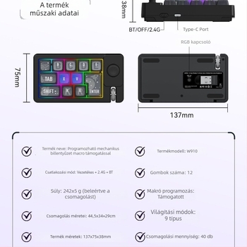 87-gombos RGB háttérvilágítású numerikus billentyűzet, vezetékes és Bluetooth, 2.4G vezeték nélküli kapcsolattal, csuklótámasz