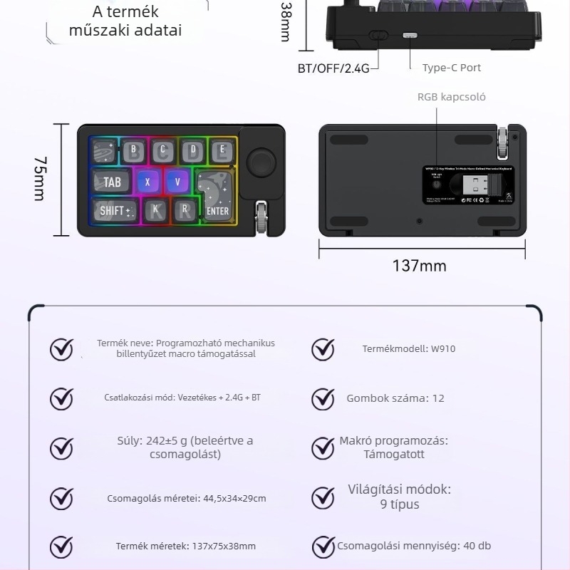 87-gombos RGB háttérvilágítású numerikus billentyűzet, vezetékes és Bluetooth, 2.4G vezeték nélküli kapcsolattal, csuklótámasz