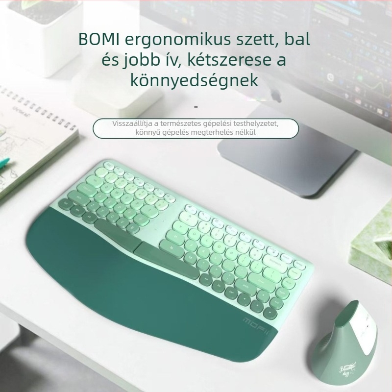 Ergonomikus vezeték nélküli billentyűzet és egér készlet – halk billentyűzet, ABS anyag, 10 m hatótávolság, 3 eszközt támogat