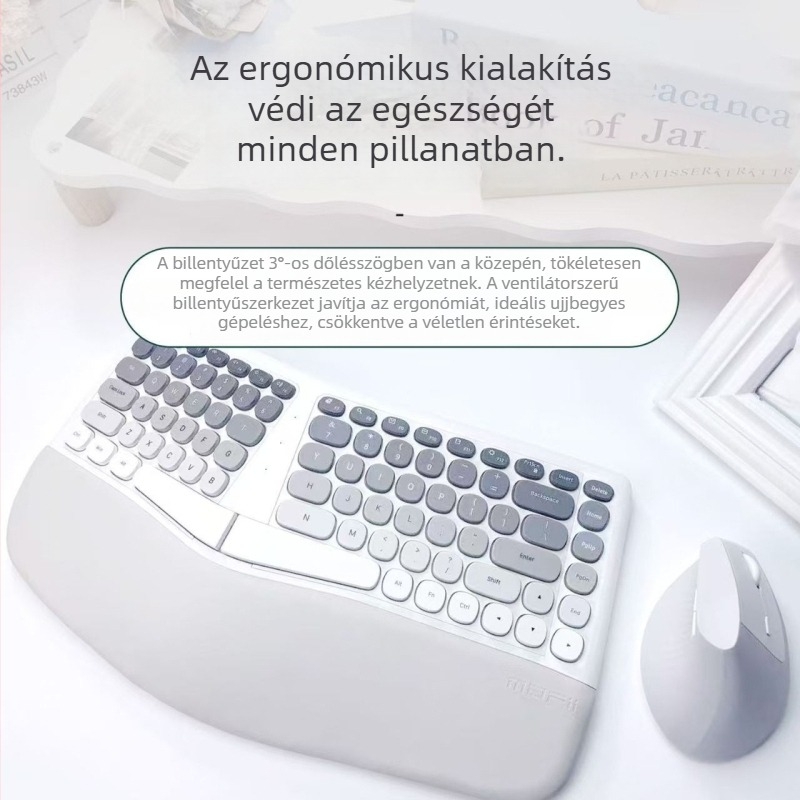 Ergonomikus vezeték nélküli billentyűzet és egér készlet – halk billentyűzet, ABS anyag, 10 m hatótávolság, 3 eszközt támogat
