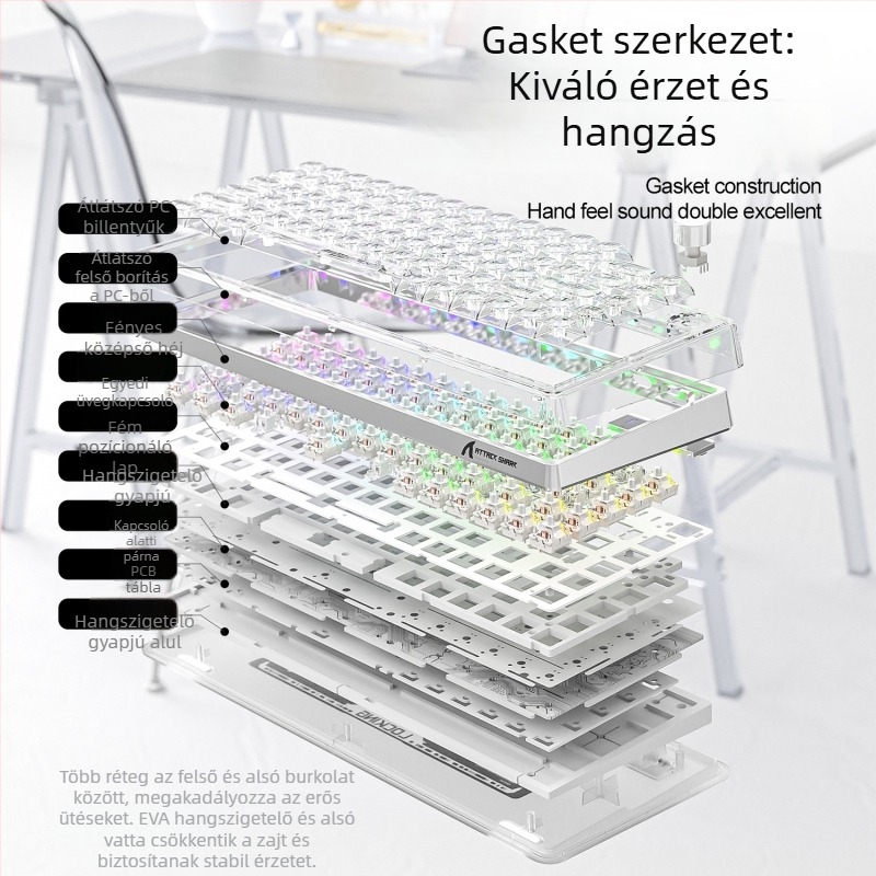 Attack Shark K75RGB vezeték nélküli mechanikus billentyűzet, 82 billentyű, RGB háttérvilágítás, gasket konstrukció, hot-plug kapcsolók