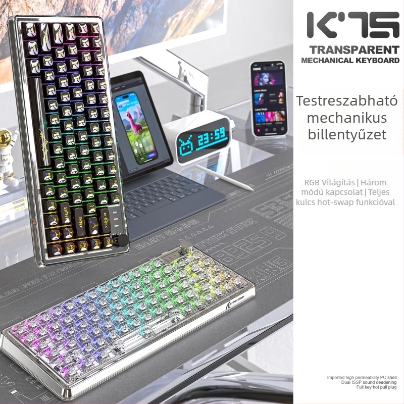Attack Shark K75RGB vezeték nélküli mechanikus billentyűzet, 82 billentyű, RGB háttérvilágítás, gasket konstrukció, hot-plug kapcsolók