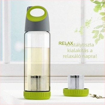 Vízpalack boroszilikát üvegből, hordozó gyűrűvel, hengeres, szivárgásmentes és hőálló, fedéllel