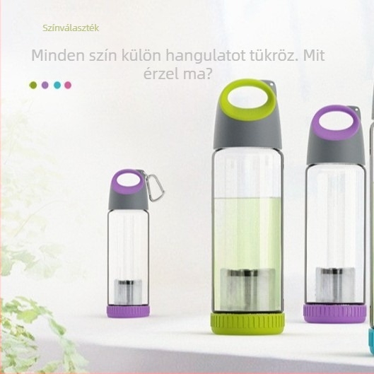 Vízpalack boroszilikát üvegből, hordozó gyűrűvel, hengeres, szivárgásmentes és hőálló, fedéllel