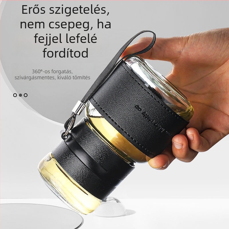 Üveg teás pohár teavíz elválasztással, hordozható egykapszolos dizájn, égésálló és hőszigetelő, testreszabható logó, hordozó zsinór