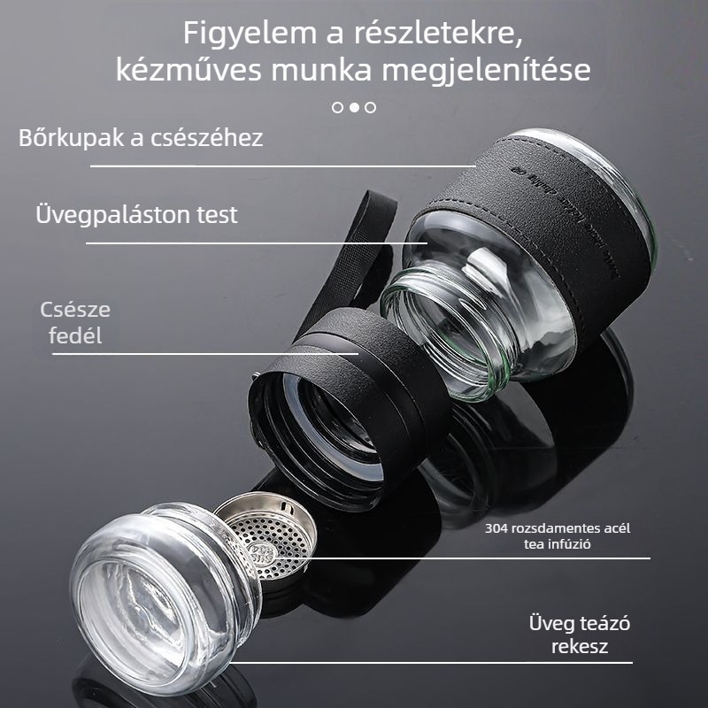 Üveg teás pohár teavíz elválasztással, hordozható egykapszolos dizájn, égésálló és hőszigetelő, testreszabható logó, hordozó zsinór