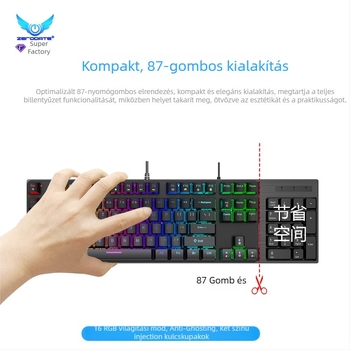 87 billentyűs mechanikus billentyűzet RGB háttérvilágítással, vezetékes USB csatlakozással, ABS tokozás