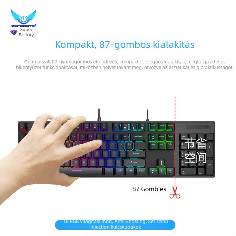 87 billentyűs mechanikus billentyűzet RGB háttérvilágítással, vezetékes USB csatlakozással, ABS tokozás