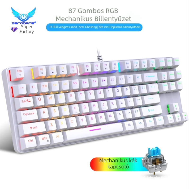 87 billentyűs mechanikus billentyűzet RGB háttérvilágítással, vezetékes USB csatlakozással, ABS tokozás