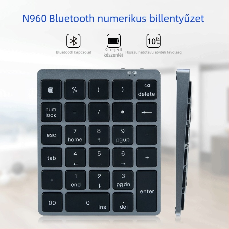 N960 Ultra-vékony alumínium ötvözet Bluetooth numerikus billentyűzet, 28 billentyű, hordozható, háttérvilágítás nélkül