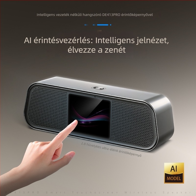DE413Pro Bluetooth hangszóró színes kijelzővel, érintéses vezérléssel, AI fordítással, hordozható vezeték nélküli asztali subwoofer — Bluetooth 5.3, 2x15W, 100 Hz–20 kHz, SNR ≥75 dB, beépített akkumulátor 1000–1200 mAh