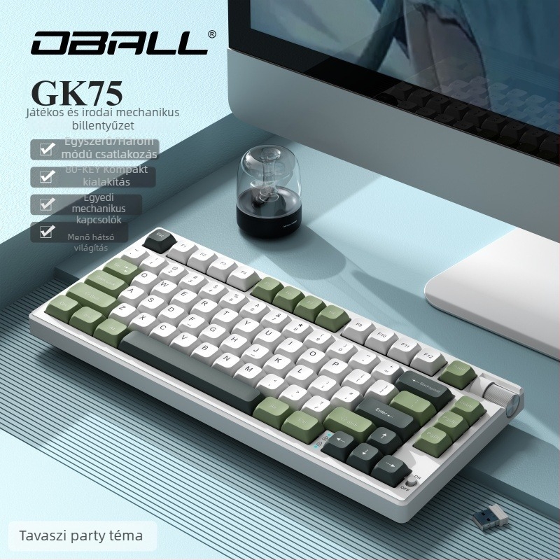 Dragon Ball GK75 mechanikus billentyűzet, három módú csatlakozás: vezetékes, Bluetooth és vezeték nélküli; zöld kapcsolók, RGB háttérvilágítás, vízálló