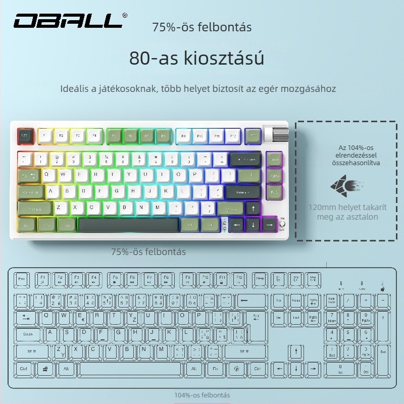 Dragon Ball GK75 mechanikus billentyűzet, három módú csatlakozás: vezetékes, Bluetooth és vezeték nélküli; zöld kapcsolók, RGB háttérvilágítás, vízálló