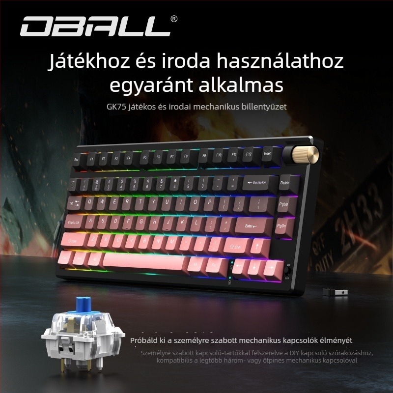 Dragon Ball GK75 mechanikus billentyűzet, három módú csatlakozás: vezetékes, Bluetooth és vezeték nélküli; zöld kapcsolók, RGB háttérvilágítás, vízálló