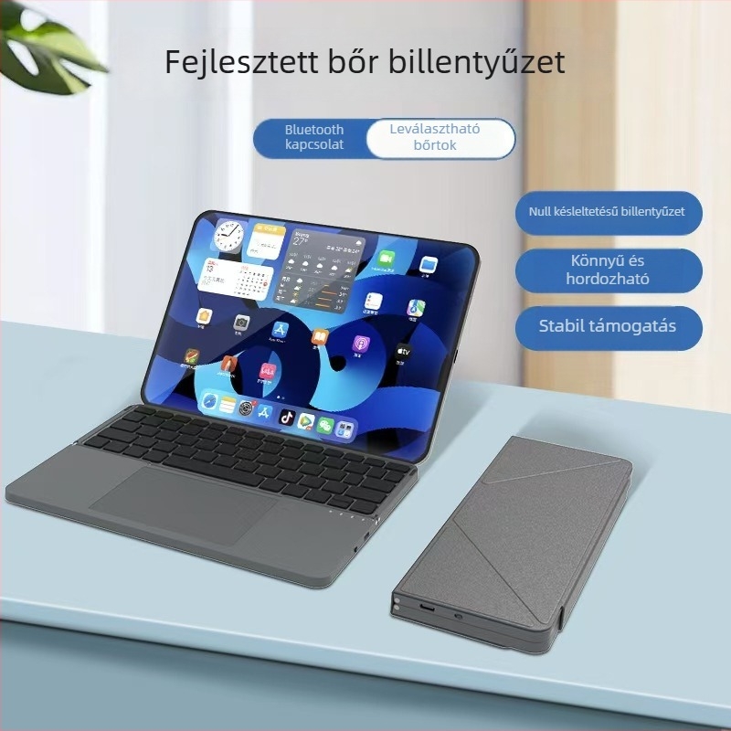 Tabletes Bluetooth billentyűzet csendes működéssel, újratölthető bőr tok-állvánnyal és érintésérzékelős vezérléssel, hordozható hajtogatható kialakítás; 88-98 billentyű; univerzális kompatibilitás; műanyag test