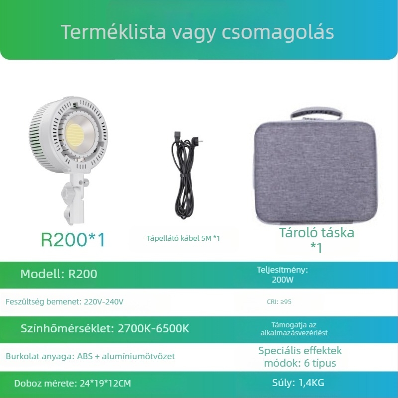 R200 fotózási töltőlámpa, 150W+, 2500-9900K, 110-240V, három színhőmérséklet, stúdióvilágítás élő közvetítéshez