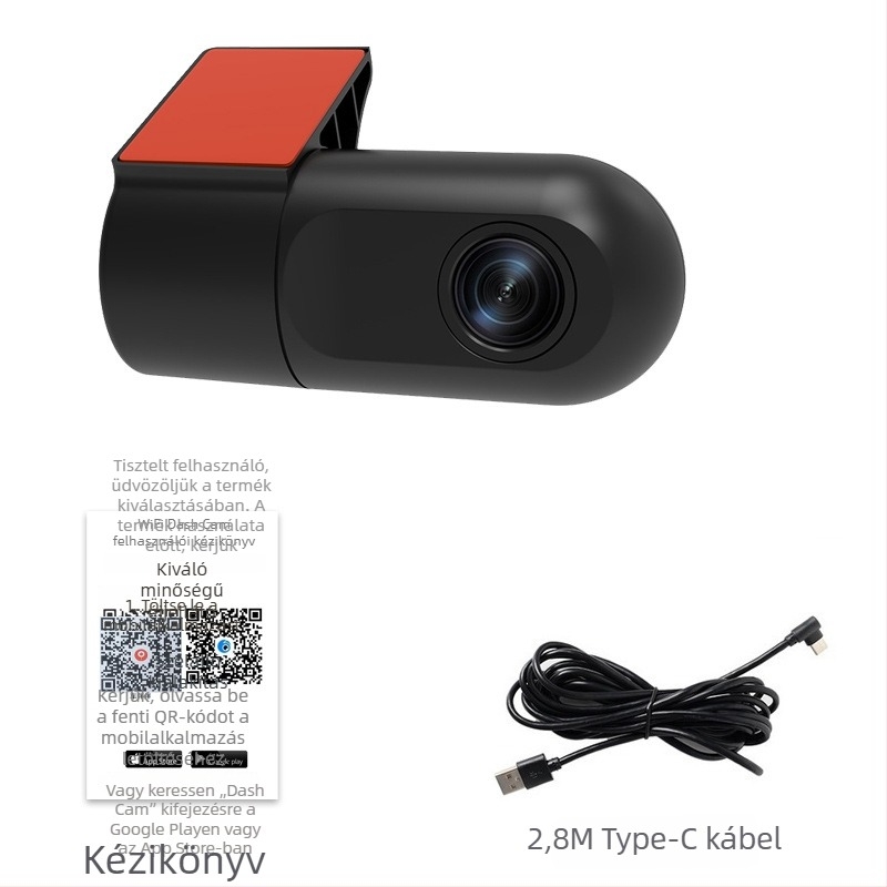 WiFi autós dash cam mobilalkalmazással, USB telepítés, 1080p, 140° látószög, első szélvédőre szerelve