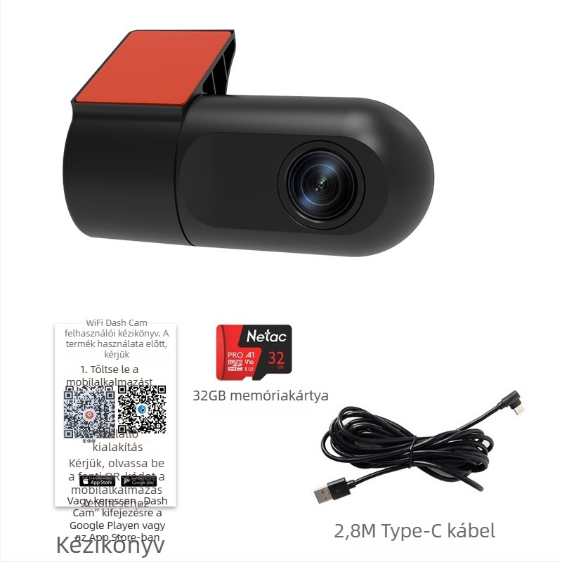 WiFi autós dash cam mobilalkalmazással, USB telepítés, 1080p, 140° látószög, első szélvédőre szerelve