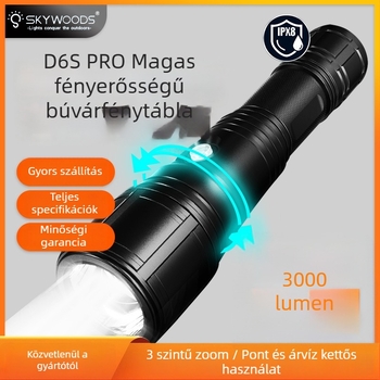SKYWOODS búvár LED zseblámpa, 3000 lumen, zoom, újratölthető, alumínium ötvözet ház