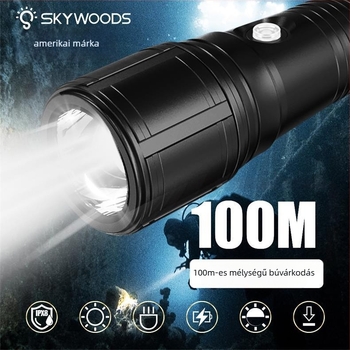 SKYWOODS búvár LED zseblámpa, 3000 lumen, zoom, újratölthető, alumínium ötvözet ház