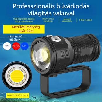 Merülő lámpa beépített akkumulátorral, 12800 mAh, 50 W LED világítás búvárfotózáshoz, közvetlen töltés, alumíniumötvözet test, 100–200 m hatótávolság
