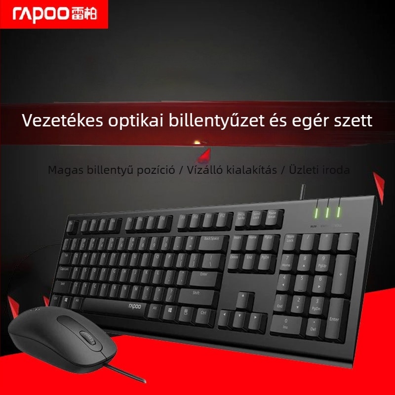 Kábeles billentyűzet és egér készlet (ergonomikus tervezés, optikai egér 1000 DPI, USB interfészek, vízálló)