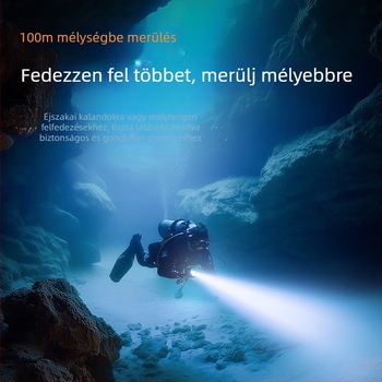 DL01 búvár LED lámpa fotózáshoz – IPX8 100 m-ig vízálló, 15 W, 350 lm+, 200–500 m sugárzás, újratölthető (21700/18650)