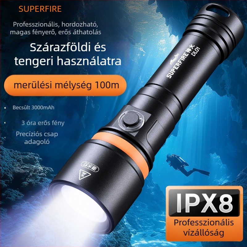 DL01 búvár LED lámpa fotózáshoz – IPX8 100 m-ig vízálló, 15 W, 350 lm+, 200–500 m sugárzás, újratölthető (21700/18650)