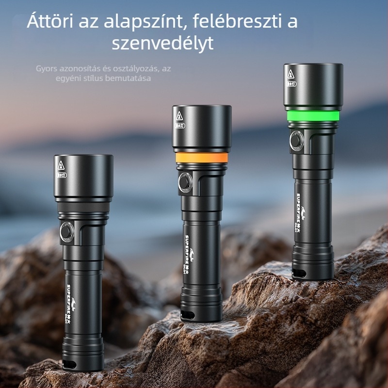 DL01 búvár LED lámpa fotózáshoz – IPX8 100 m-ig vízálló, 15 W, 350 lm+, 200–500 m sugárzás, újratölthető (21700/18650)