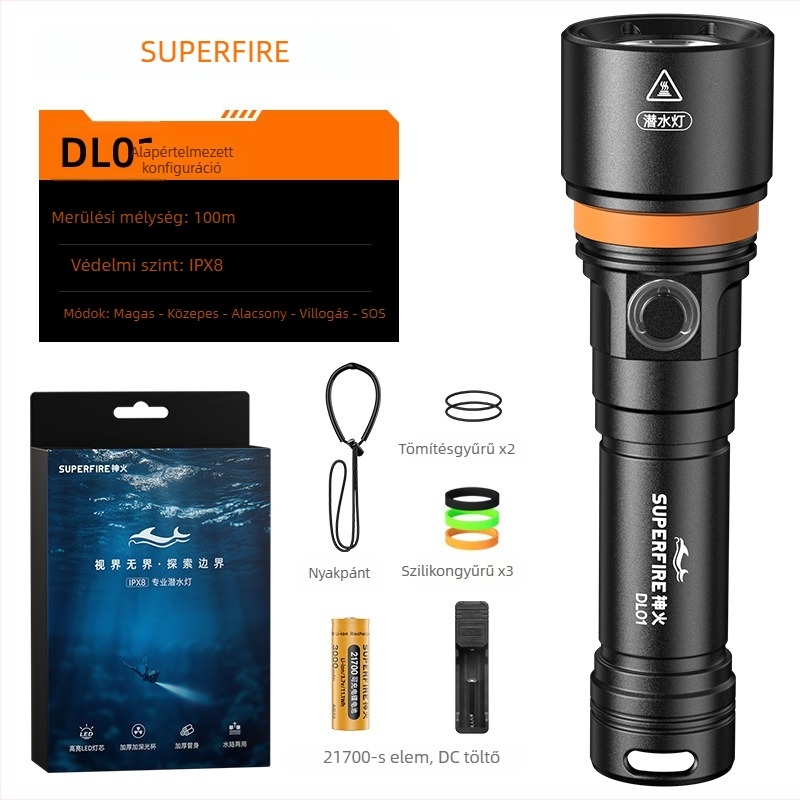 DL01 búvár LED lámpa fotózáshoz – IPX8 100 m-ig vízálló, 15 W, 350 lm+, 200–500 m sugárzás, újratölthető (21700/18650)