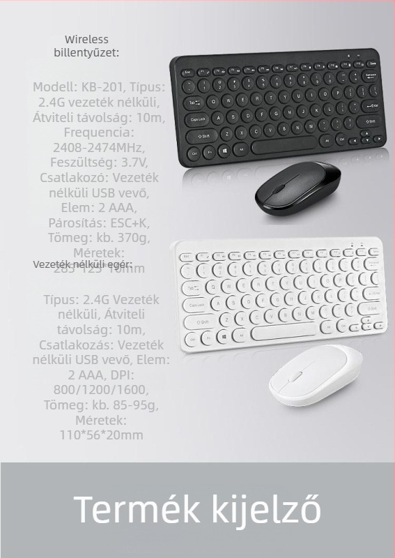 Vezeték nélküli billentyűzet és egér készlet – 78 gomb, 2,4G, modell K380, 1600dpi, mini retro kerek dizájn