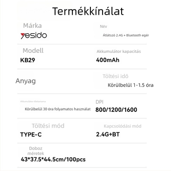 Yesido vezeték nélküli egér, halk működésű, 2.4G + Bluetooth, 5 gombos, ergonomikus, kompatibil laptophoz és asztali számítógéphez, modell KB29