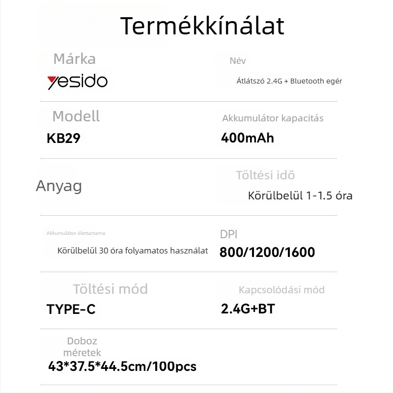 Yesido vezeték nélküli egér, halk működésű, 2.4G + Bluetooth, 5 gombos, ergonomikus, kompatibil laptophoz és asztali számítógéphez, modell KB29