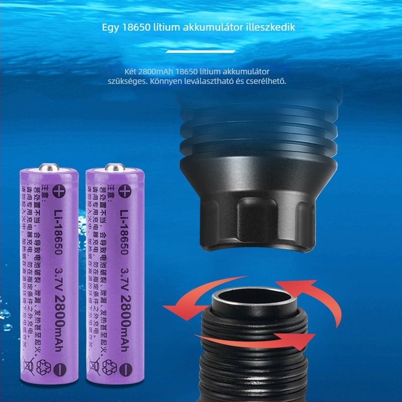 Búvárkodásra szánt LED-es zseblámpa, alumíniumötvözet test, 2800mAh-es újratölthető akkumulátor, 100–200 m hatótáv, 5,5 órás üzemidő, töltő tartozék