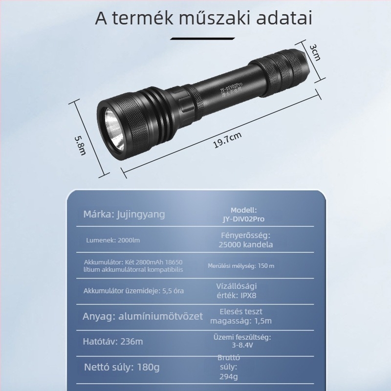Búvárkodásra szánt LED-es zseblámpa, alumíniumötvözet test, 2800mAh-es újratölthető akkumulátor, 100–200 m hatótáv, 5,5 órás üzemidő, töltő tartozék