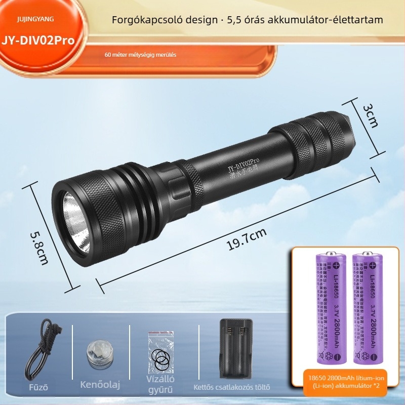Búvárkodásra szánt LED-es zseblámpa, alumíniumötvözet test, 2800mAh-es újratölthető akkumulátor, 100–200 m hatótáv, 5,5 órás üzemidő, töltő tartozék